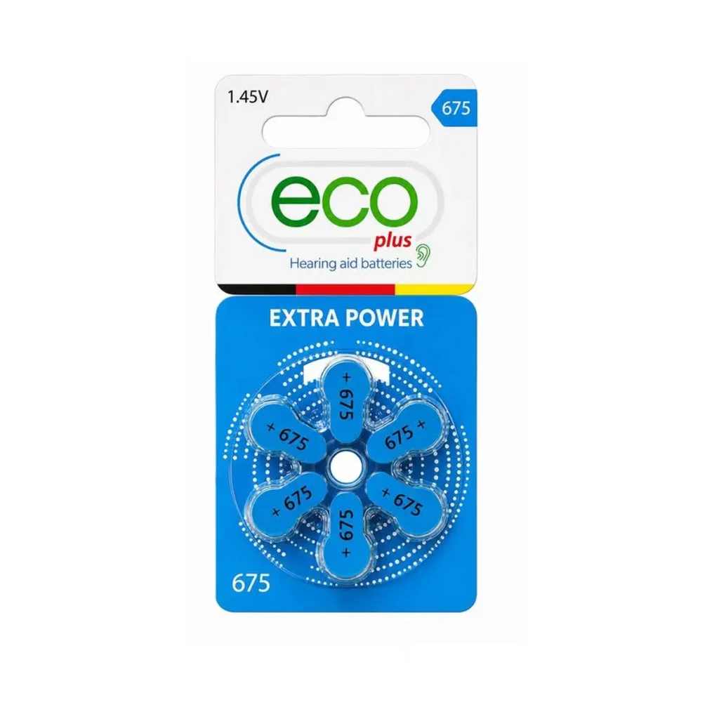 باتری سمعک اکو پلاس ECO Plus سایز 675 مدل Extra Power بسته 6 عددی